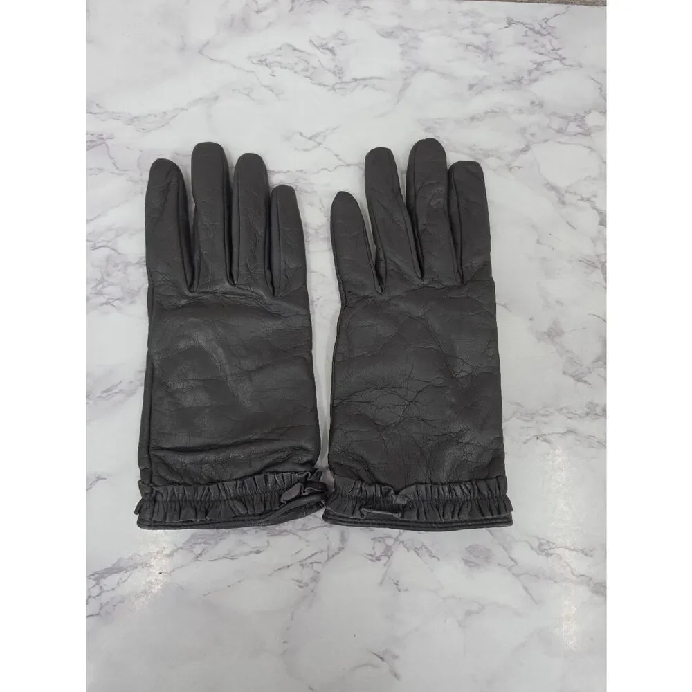 Banana Republic Gray Leather Driving Gloves With Ruffled Cuff Wool Lining